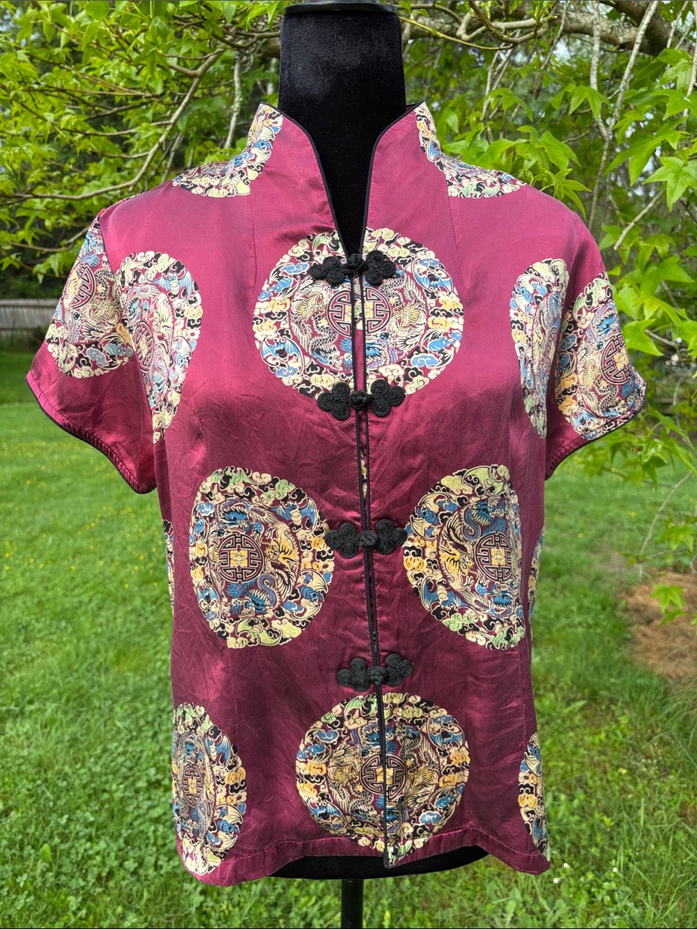 Jade Silk Mandarin Collar Button-Front Top